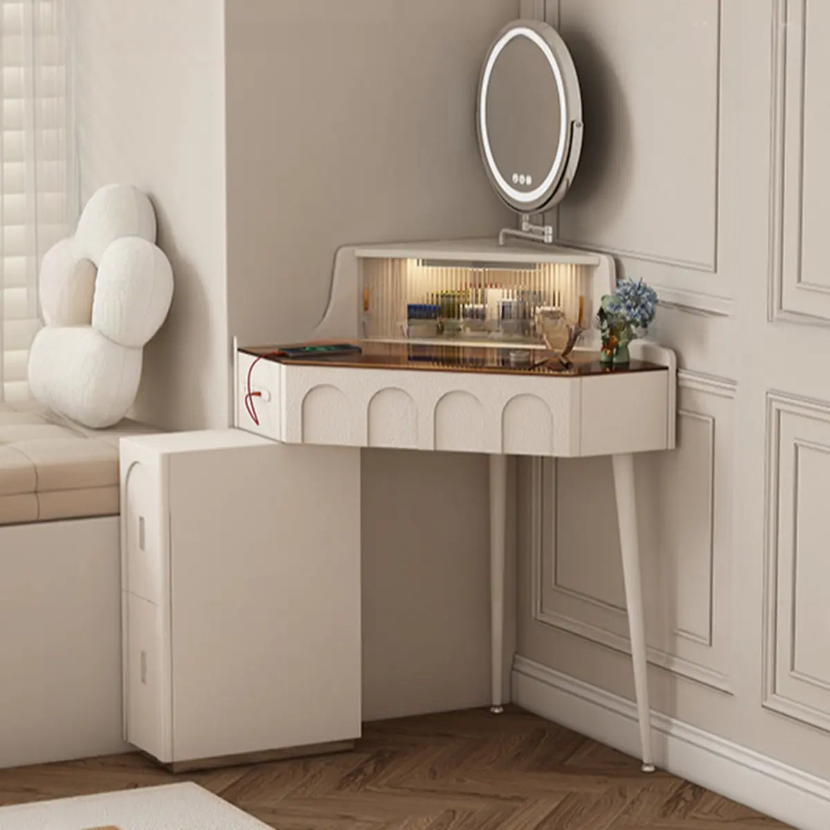 Modern Corner Faux Leather Mirror Light Vanity Table Set Image - 10