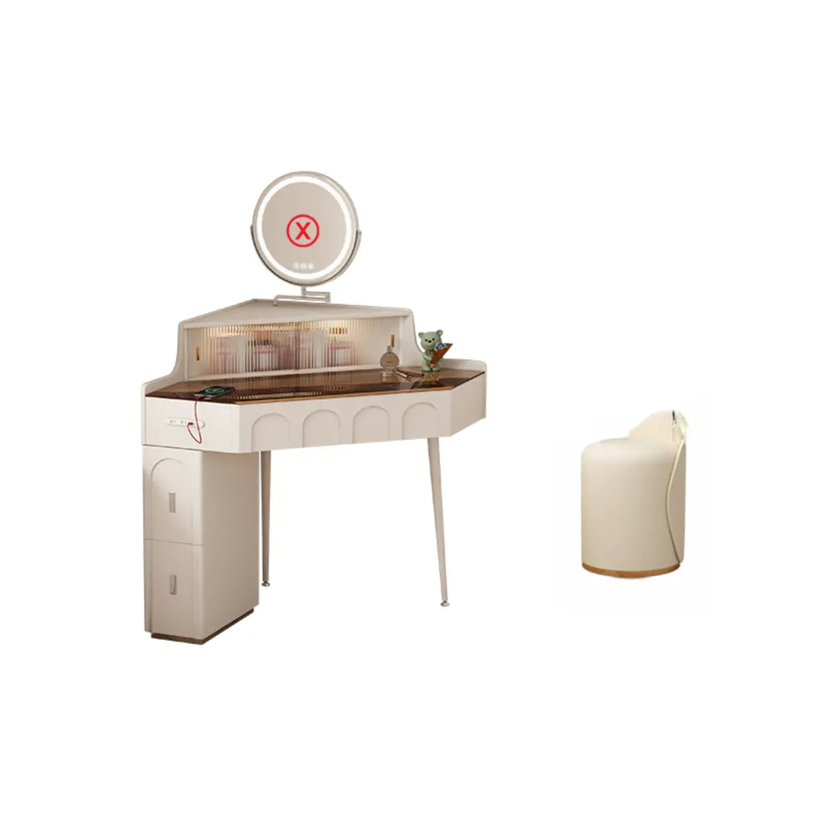 Modern Corner Faux Leather Mirror Light Vanity Table Set Image - 11