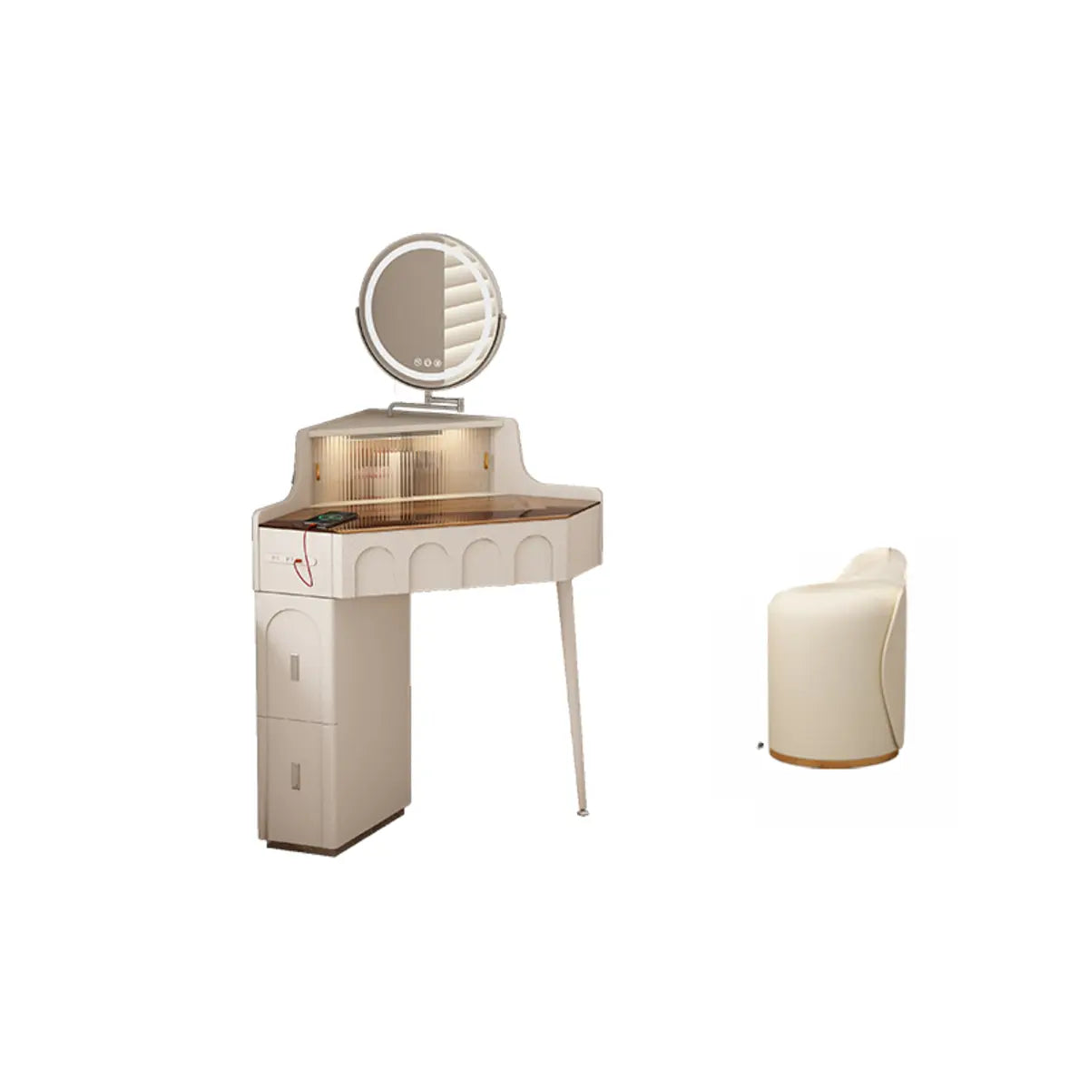 Modern Corner Faux Leather Mirror Light Vanity Table Set Image - 13