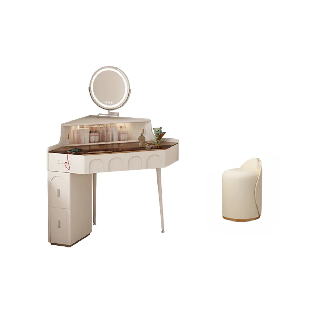 Modern Corner Faux Leather Mirror Light Vanity Table Set Image - 15