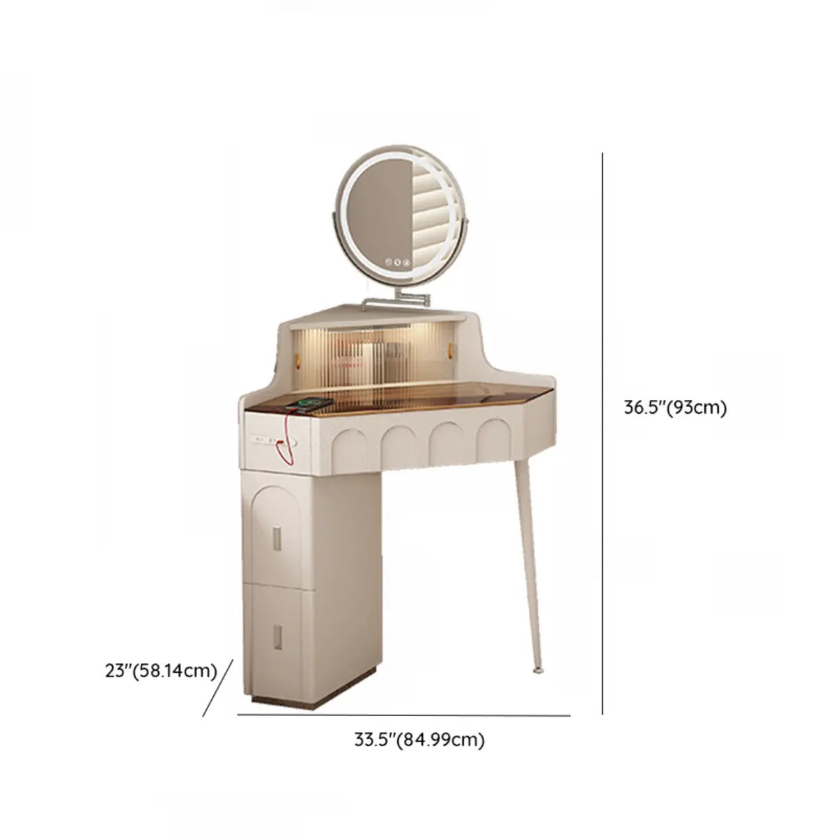 Modern Corner Faux Leather Mirror Light Vanity Table Set