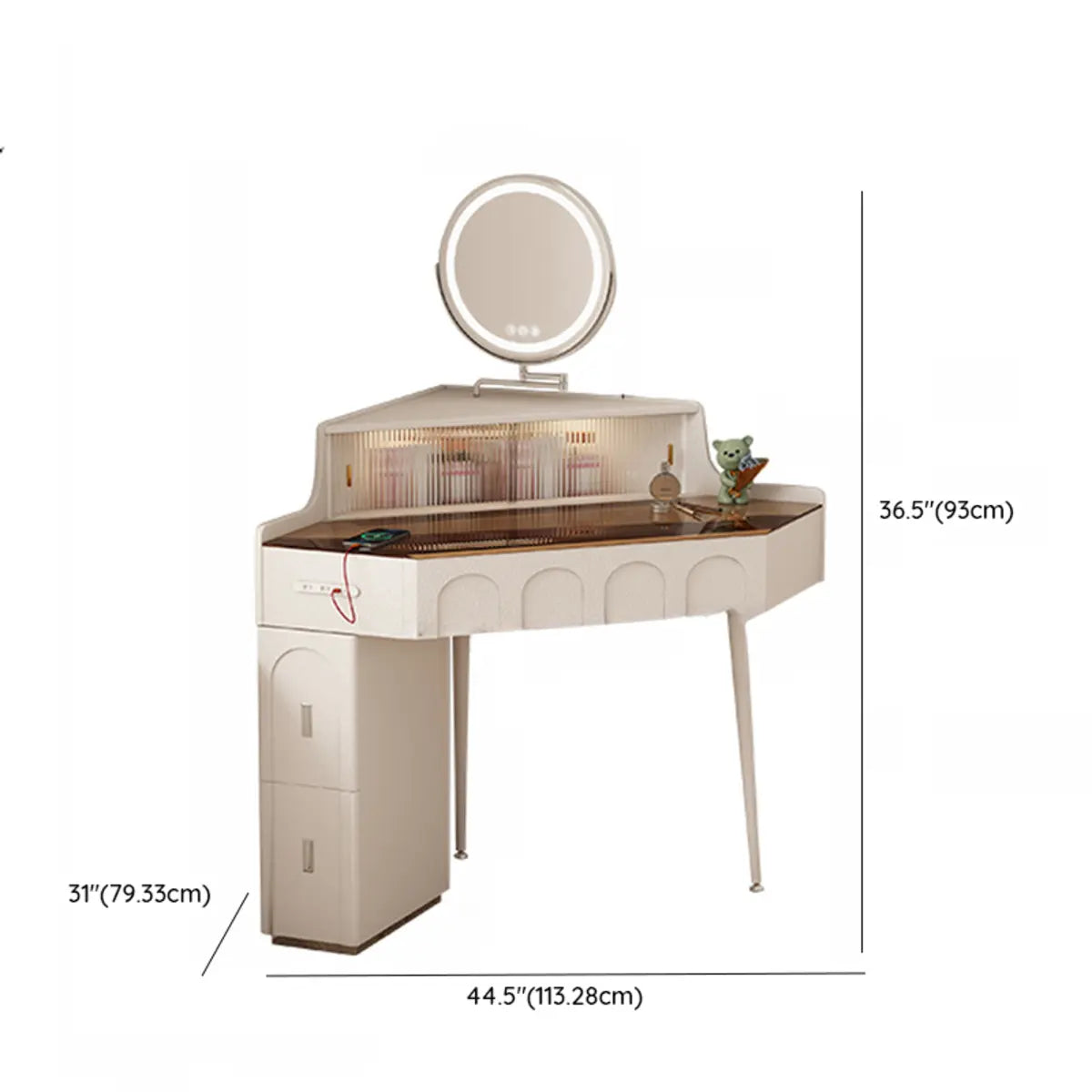 Modern Corner Faux Leather Mirror Light Vanity Table Set Image - 17