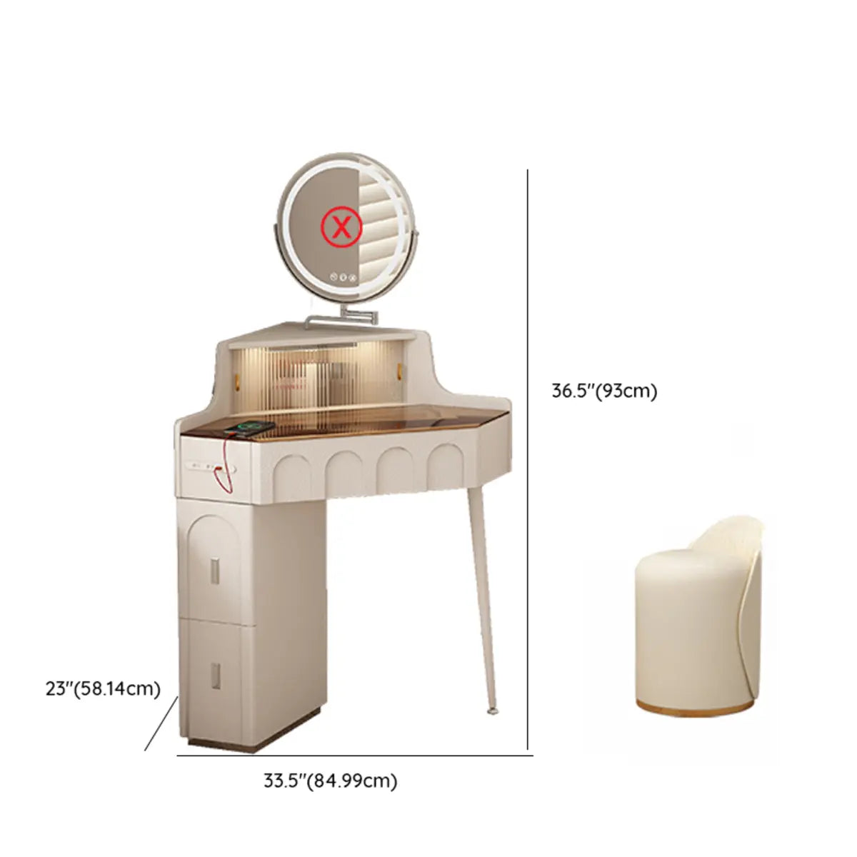 Modern Corner Faux Leather Mirror Light Vanity Table Set Image - 18