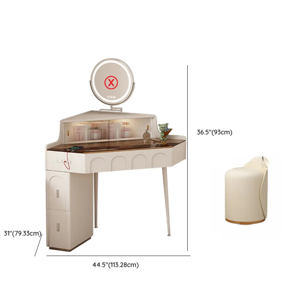 Modern Corner Faux Leather Mirror Light Vanity Table Set Image - 19