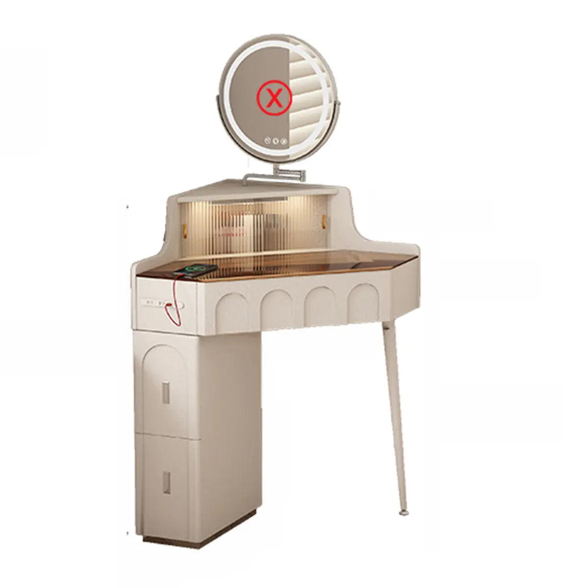 Modern Corner Faux Leather Mirror Light Vanity Table Set Image - 2