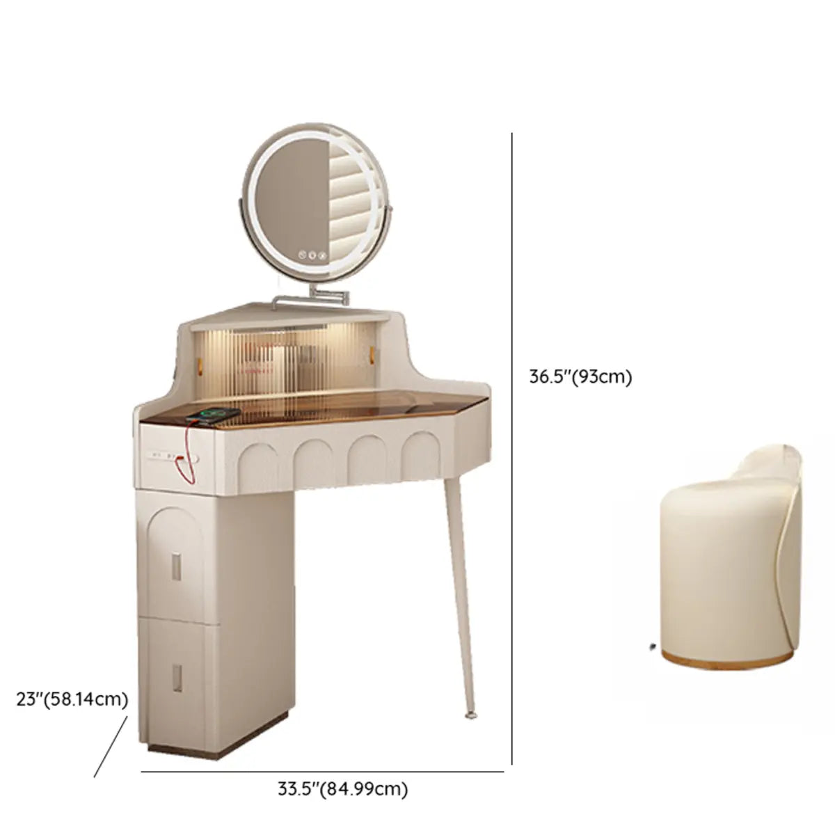 Modern Corner Faux Leather Mirror Light Vanity Table Set Image - 20