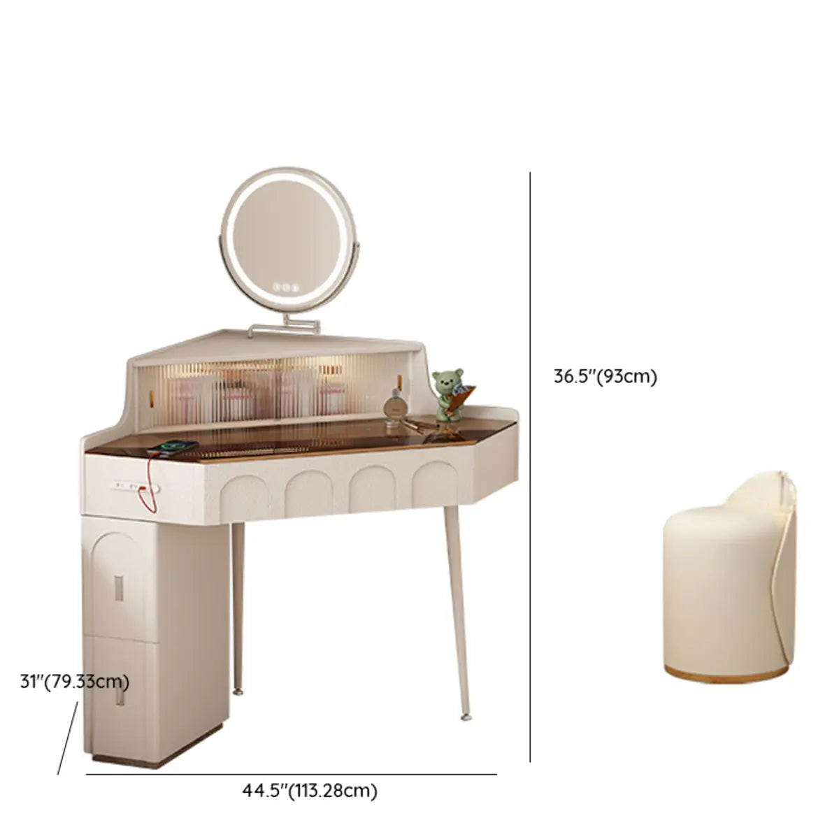 Modern Corner Faux Leather Mirror Light Vanity Table Set Image - 21