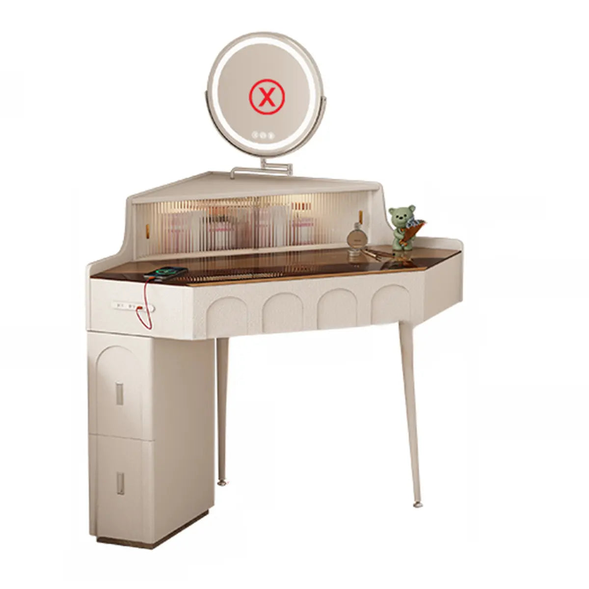 Modern Corner Faux Leather Mirror Light Vanity Table Set Image - 3