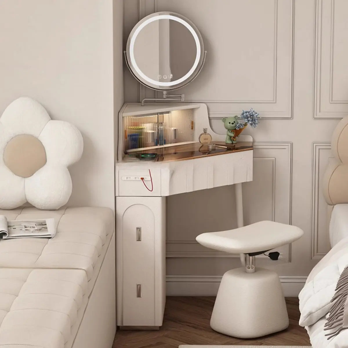 Modern Corner Faux Leather Mirror Light Vanity Table Set Image - 4