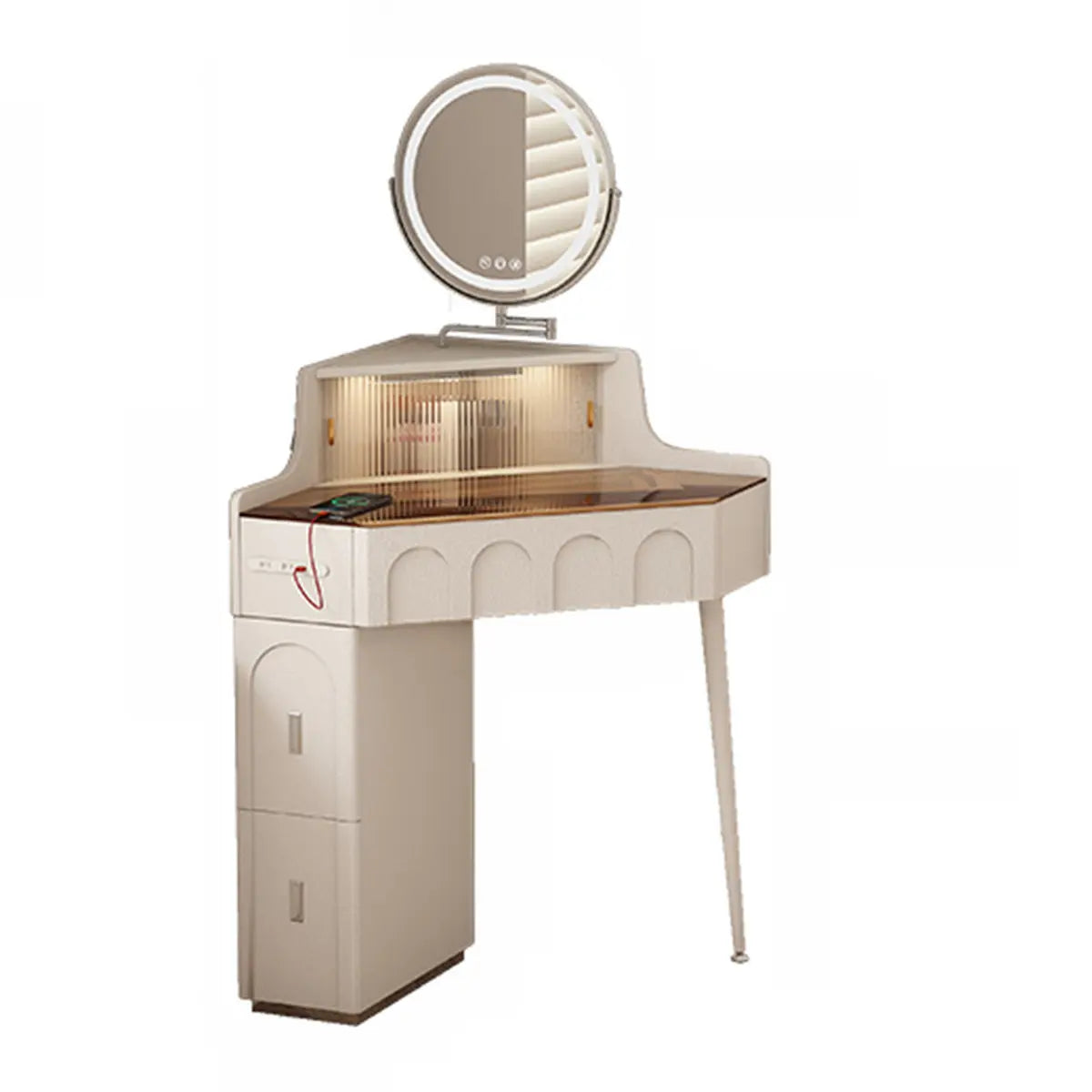 Modern Corner Faux Leather Mirror Light Vanity Table Set Image - 5