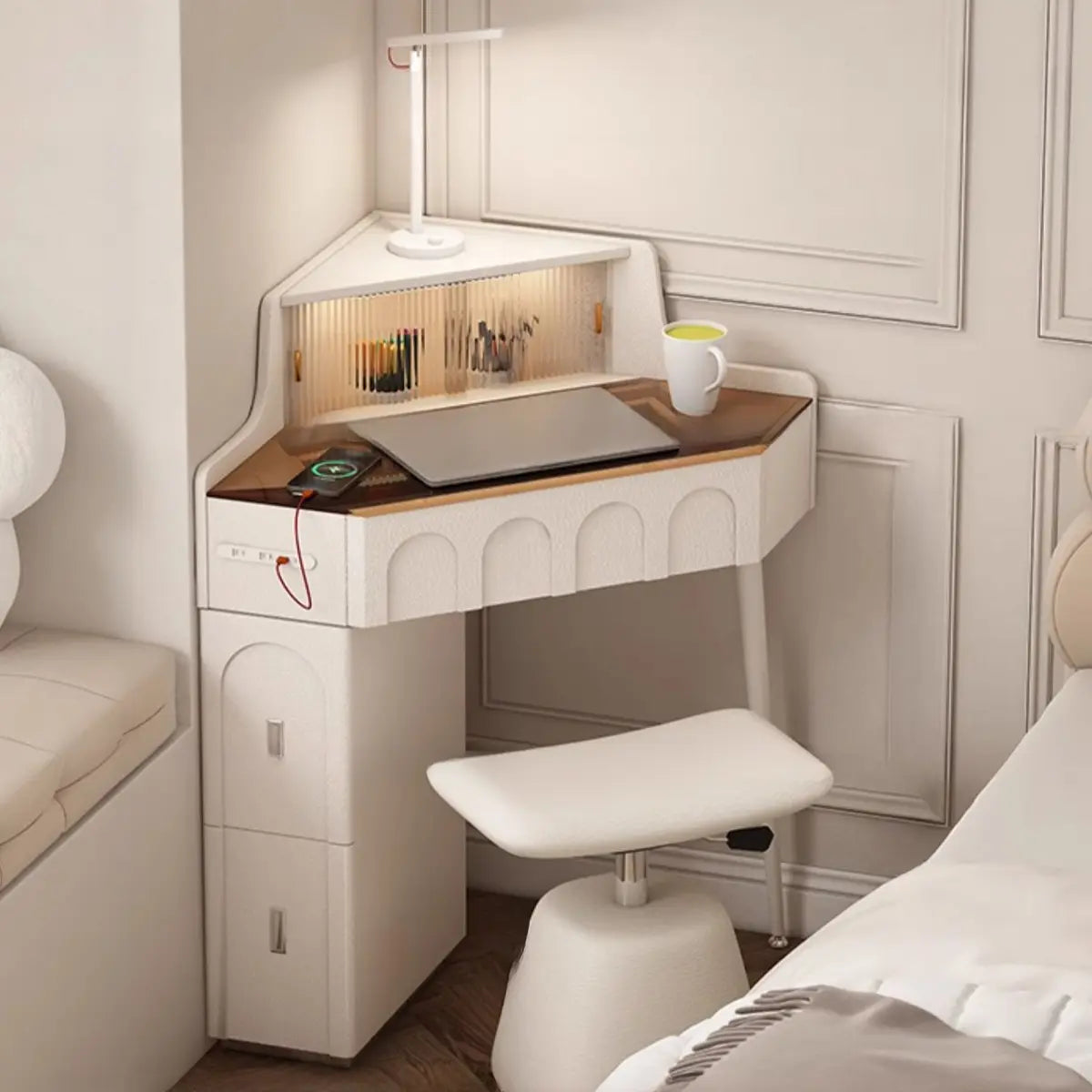 Modern Corner Faux Leather Mirror Light Vanity Table Set Image - 6