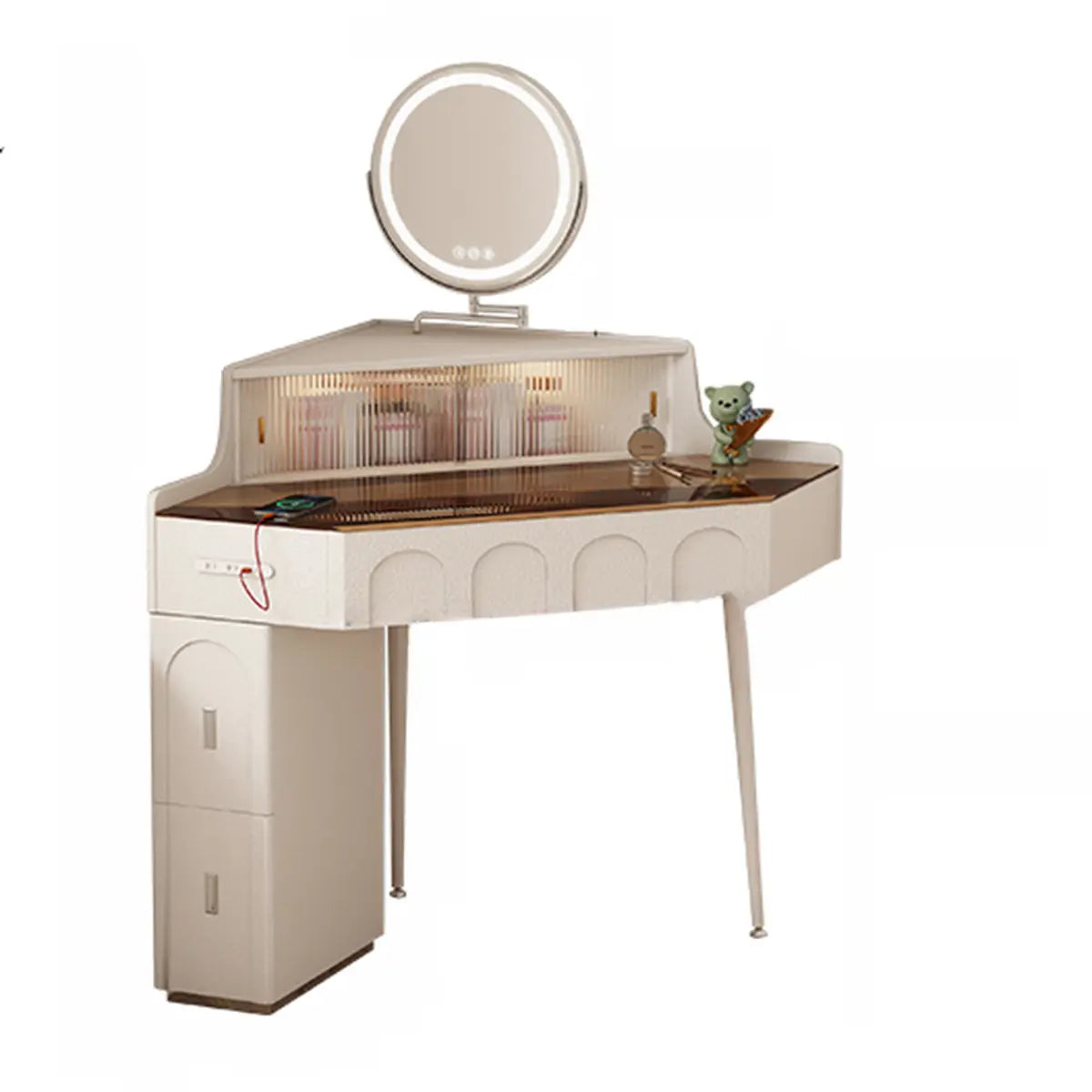 Modern Corner Faux Leather Mirror Light Vanity Table Set Image - 7