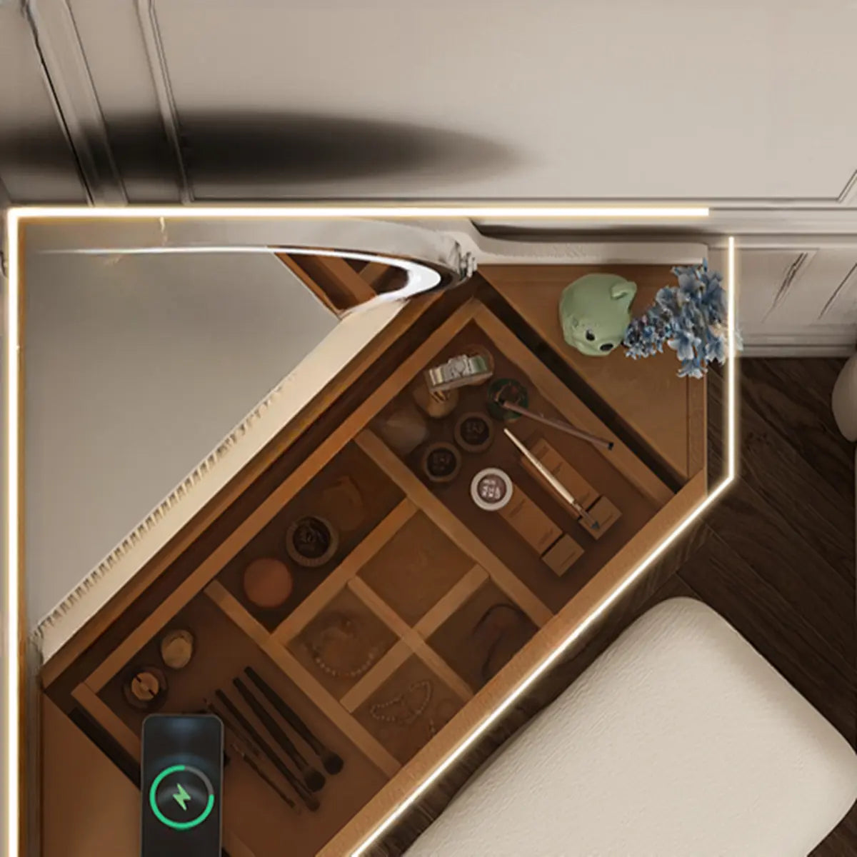 Modern Corner Faux Leather Mirror Light Vanity Table Set Image - 8