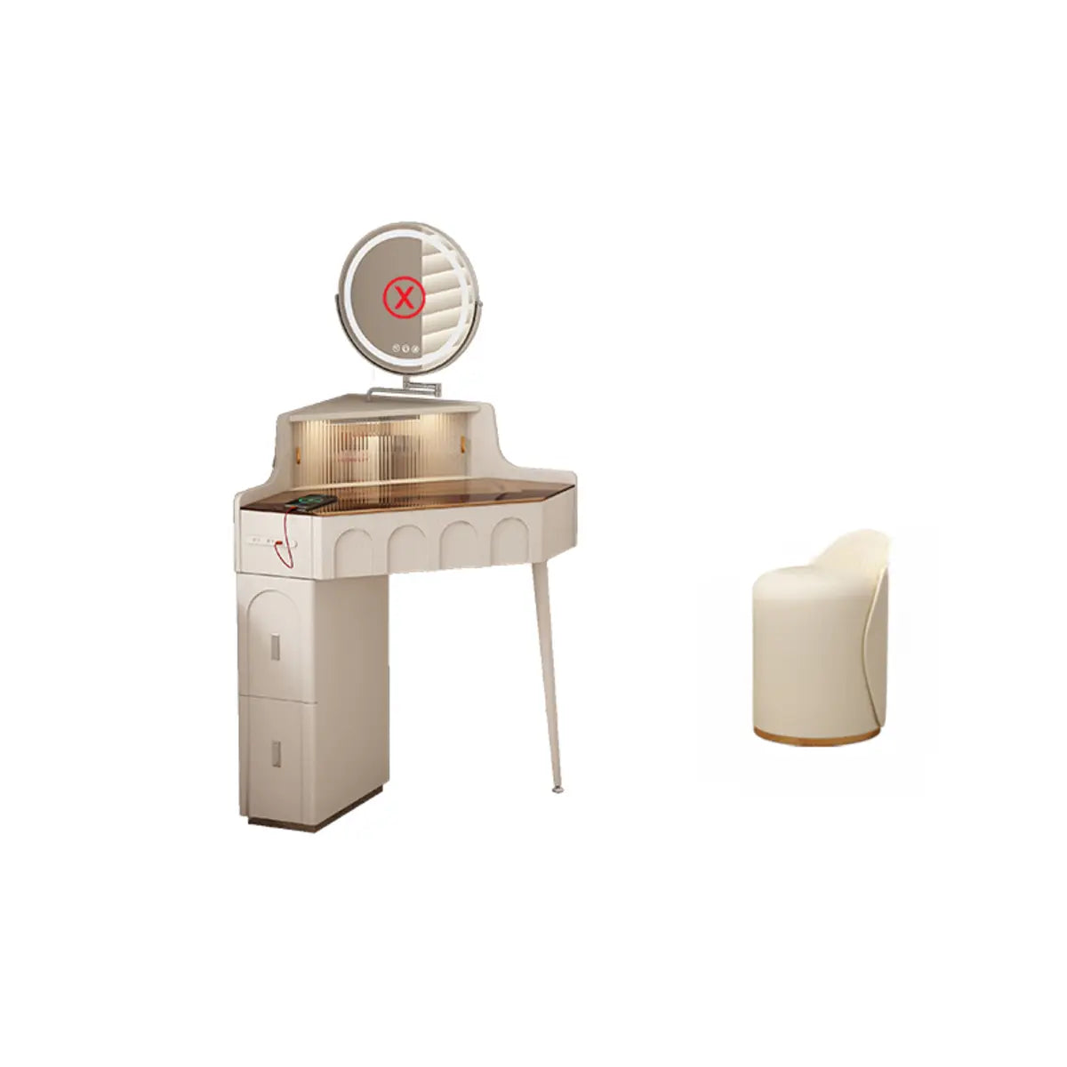 Modern Corner Faux Leather Mirror Light Vanity Table Set Image - 9