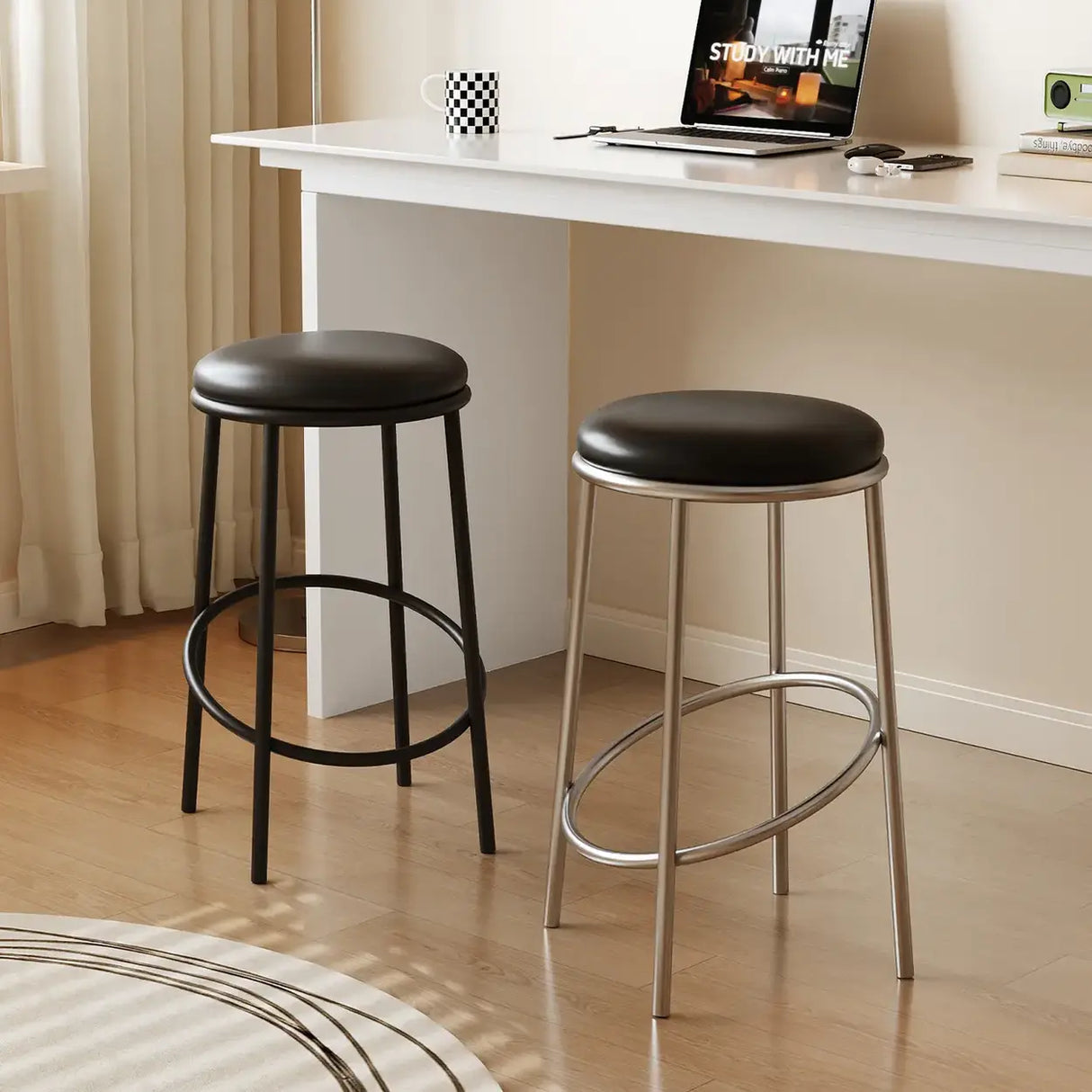 Modern Counter Height Faux Leather Stackable Backless Bar Stool Image - 2