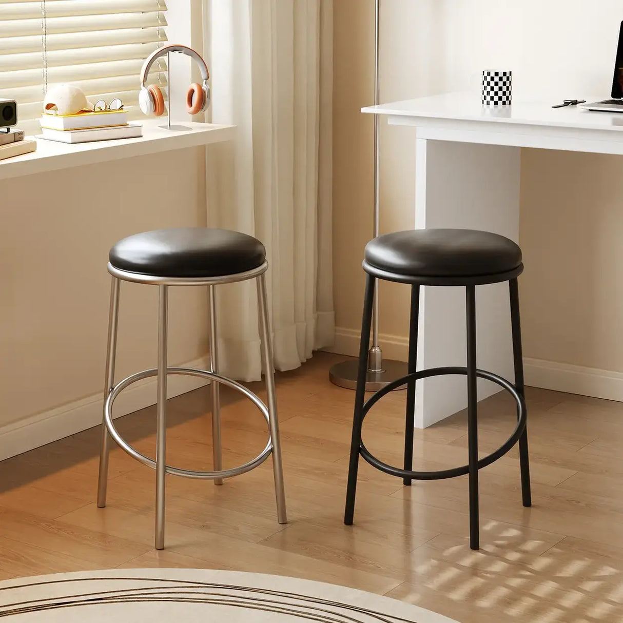 Modern Counter Height Faux Leather Stackable Backless Bar Stool Image - 5