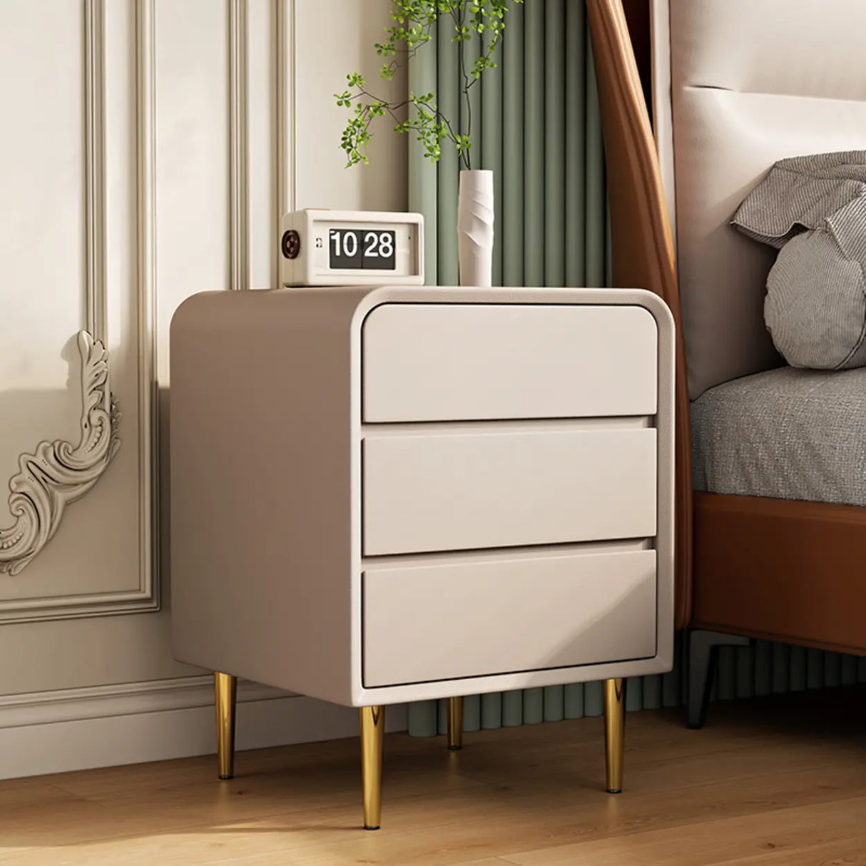 Modern Cream Leather Nightstand with Drawers and Gold Legs Image - 10