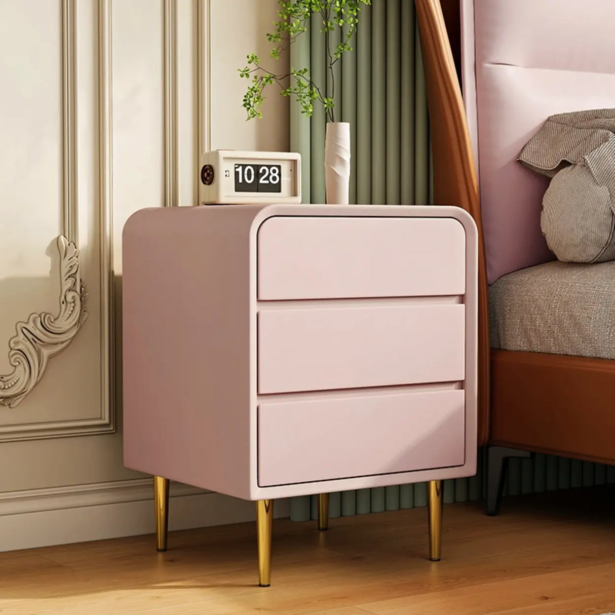 Modern Cream Leather Nightstand with Drawers and Gold Legs Image - 11