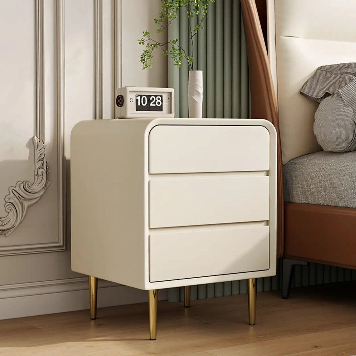 Modern Cream Leather Nightstand with Drawers and Gold Legs Image - 2
