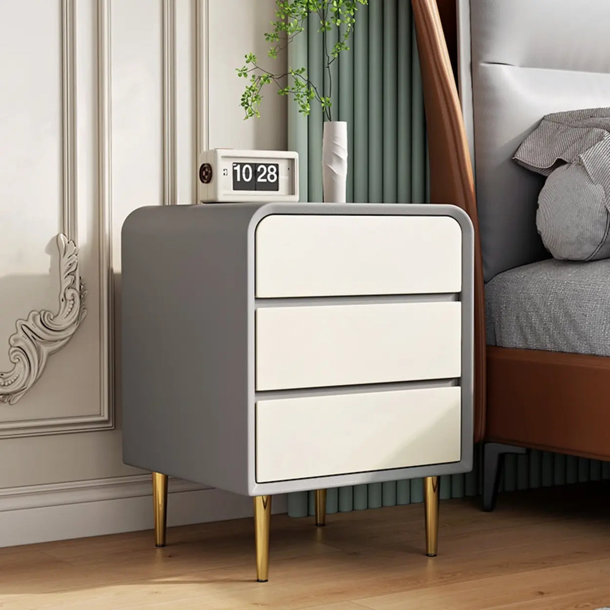 Modern Cream Leather Nightstand with Drawers and Gold Legs Image - 3