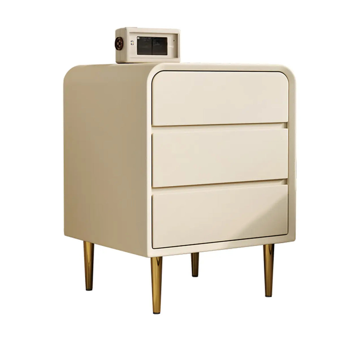 Modern Cream Leather Nightstand with Drawers and Gold Legs Image - 4