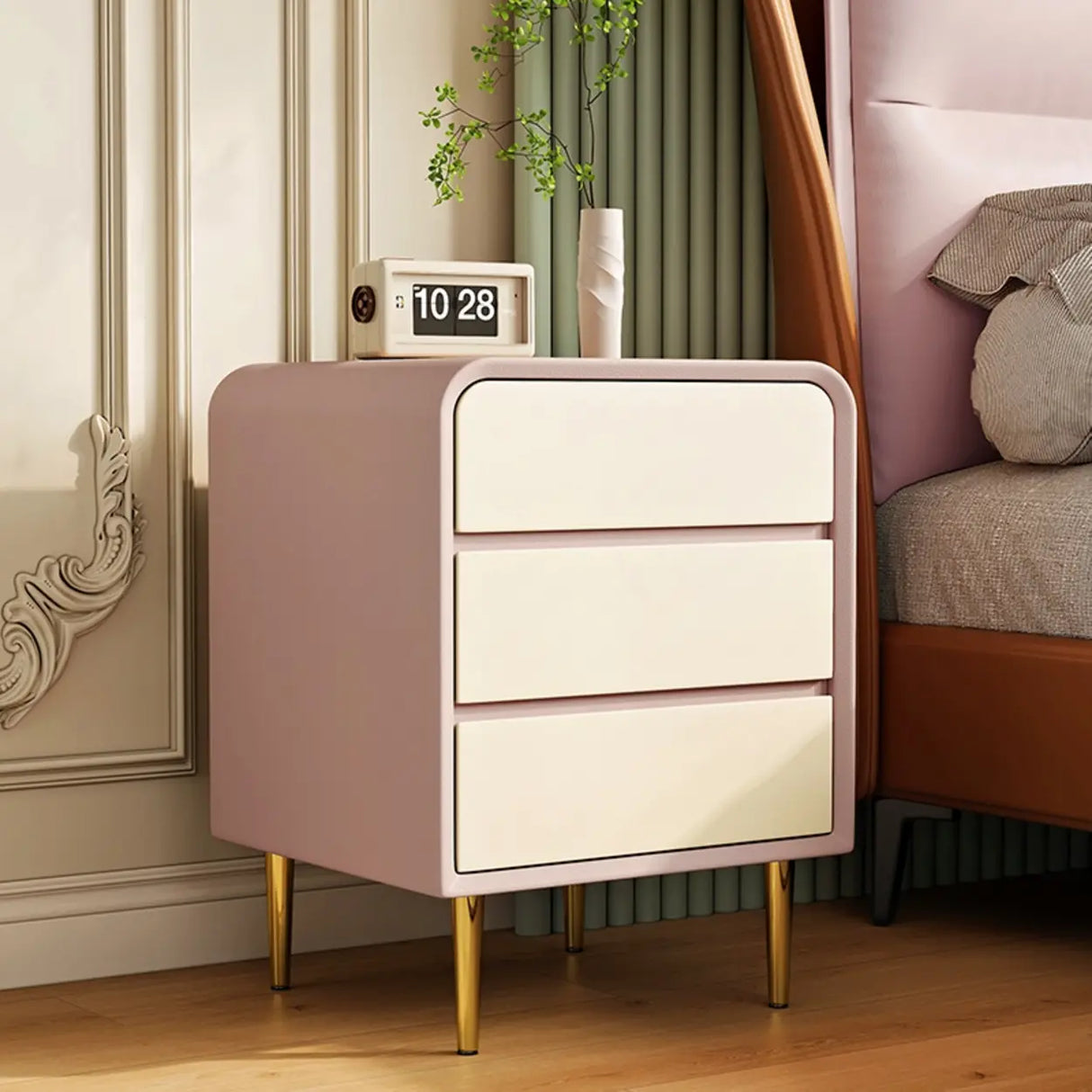 Modern Cream Leather Nightstand with Drawers and Gold Legs Image - 5