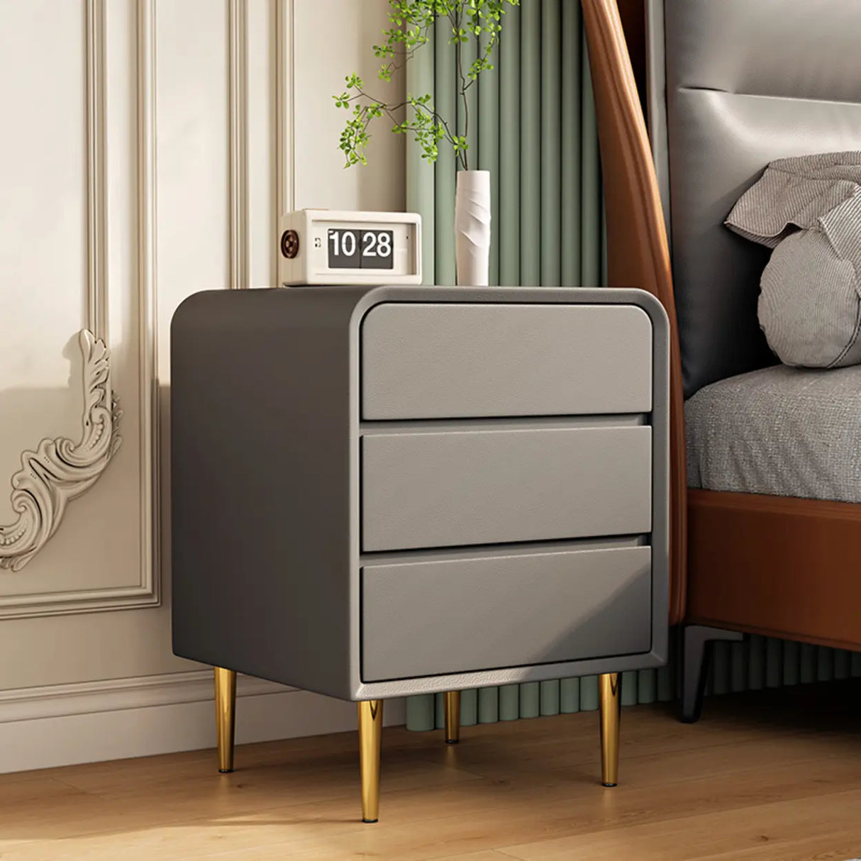 Modern Cream Leather Nightstand with Drawers and Gold Legs Image - 7