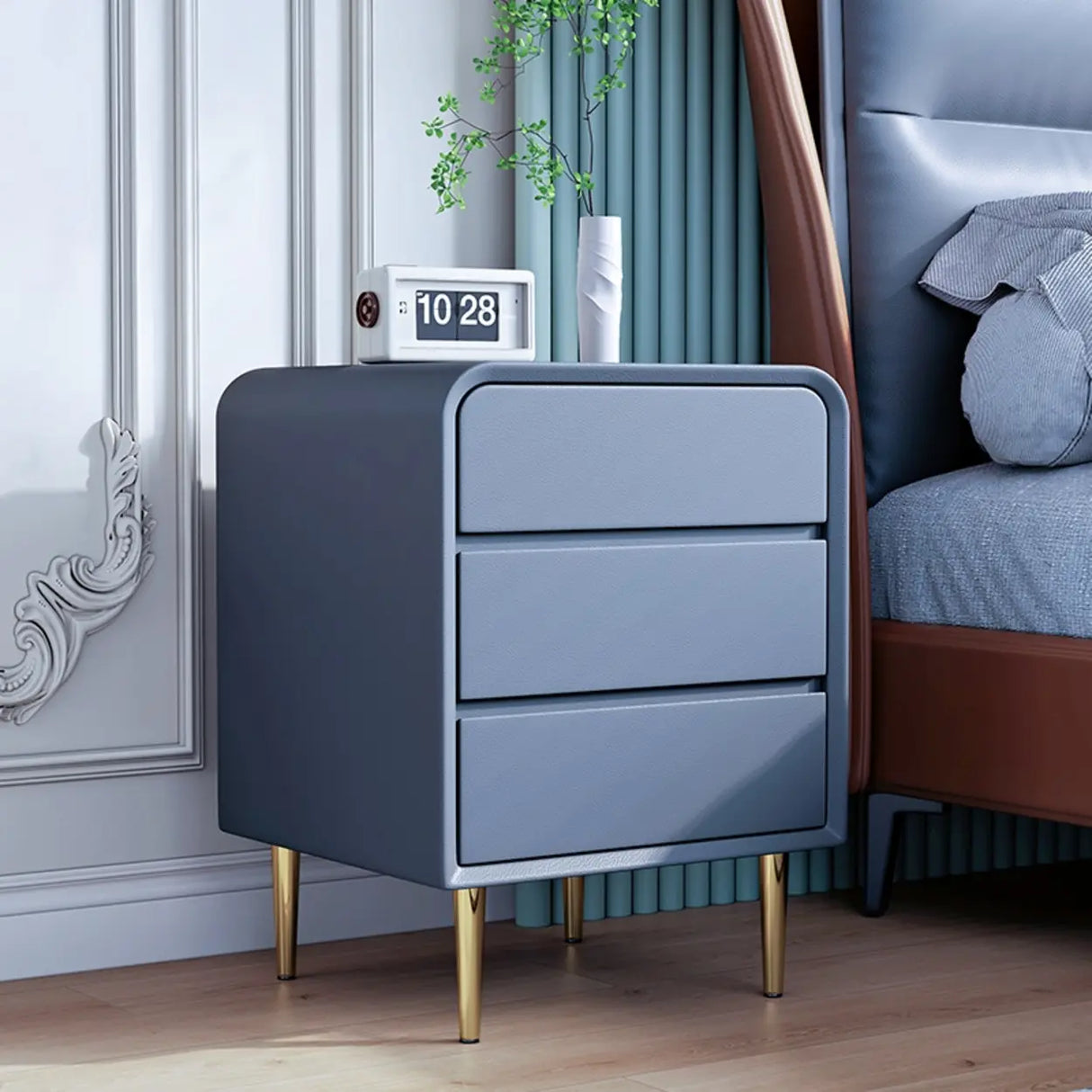Modern Cream Leather Nightstand with Drawers and Gold Legs Image - 9
