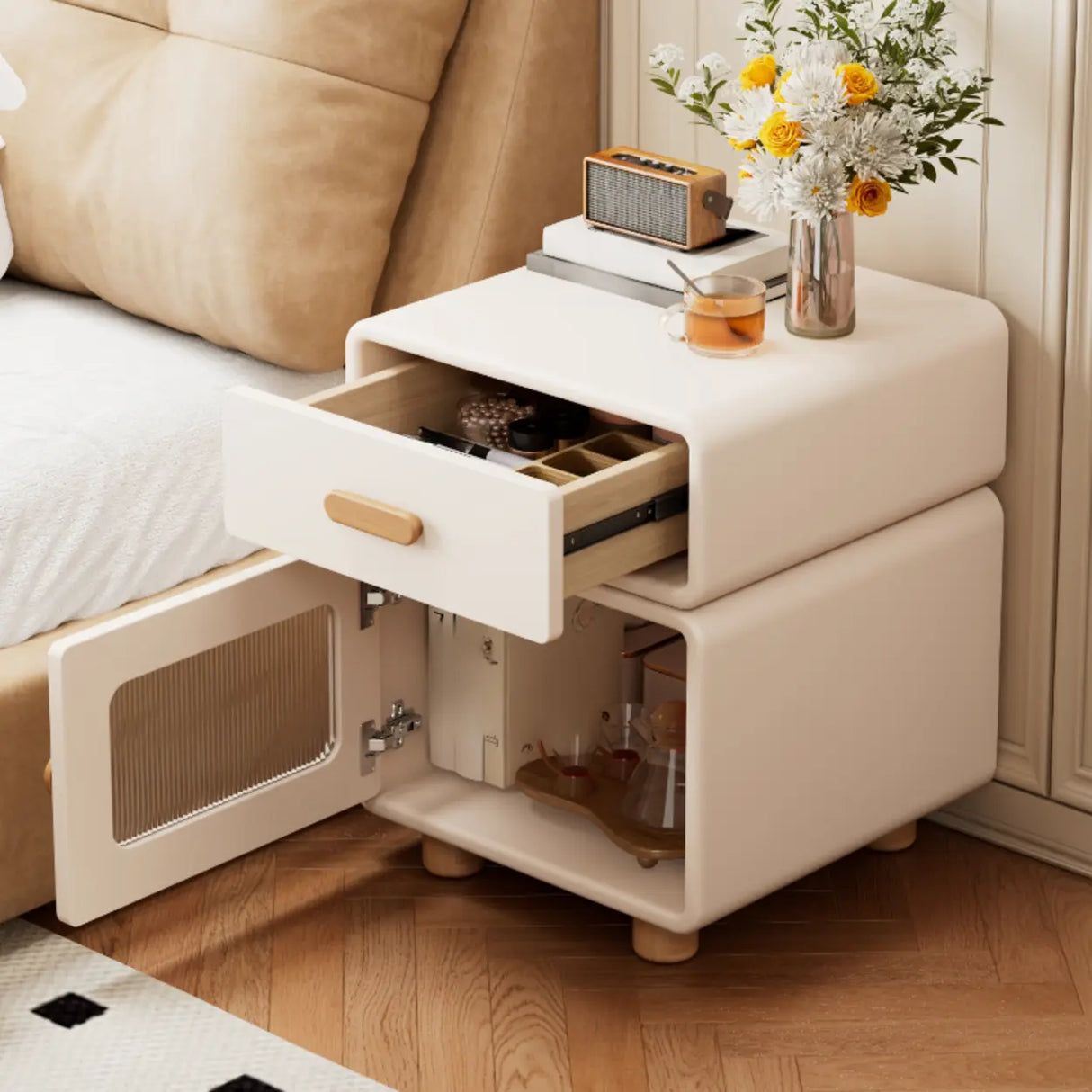 Modern Cream Wood Nightstand with Drawer & Cabinet Image - 1