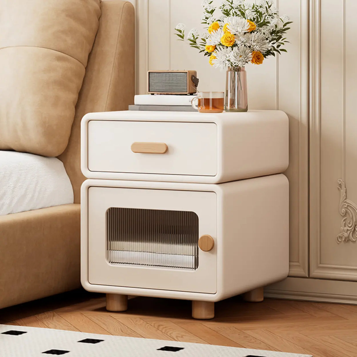 Modern Cream Wood Nightstand with Drawer & Cabinet Image - 2
