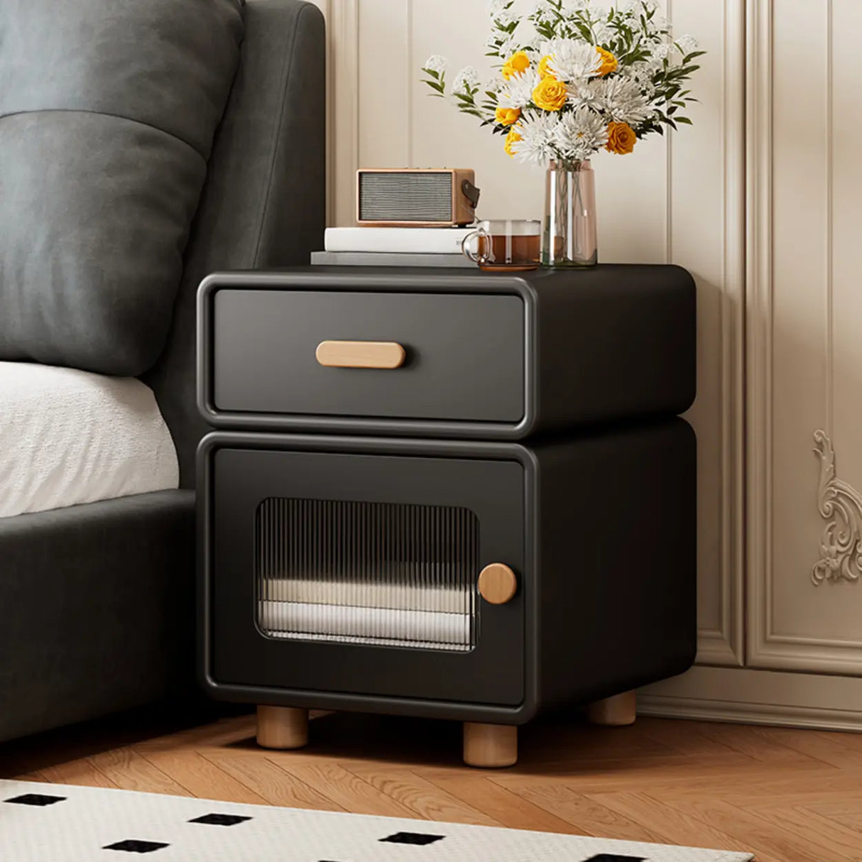 Modern Cream Wood Nightstand with Drawer & Cabinet Image - 3