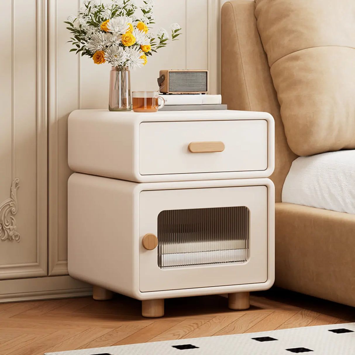 Modern Cream Wood Nightstand with Drawer & Cabinet Image - 5