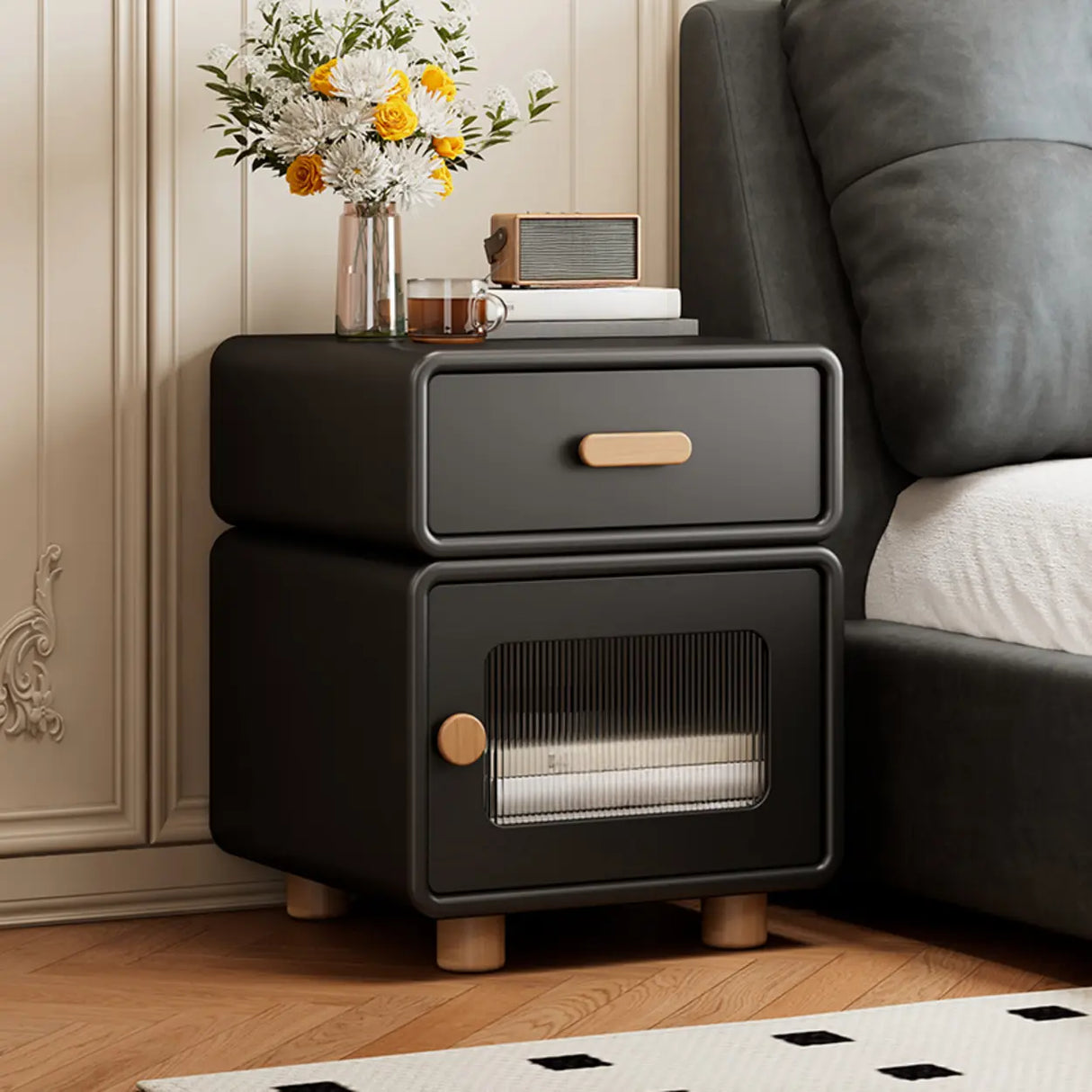 Modern Cream Wood Nightstand with Drawer & Cabinet Image - 7