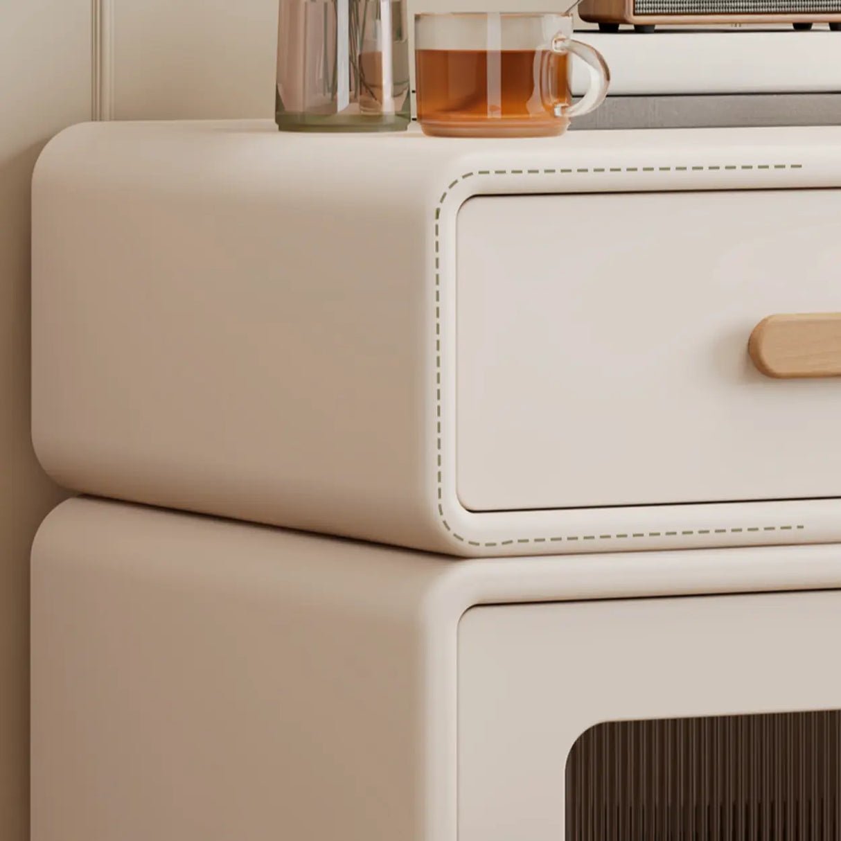 Modern Cream Wood Nightstand with Drawer & Cabinet Image - 8