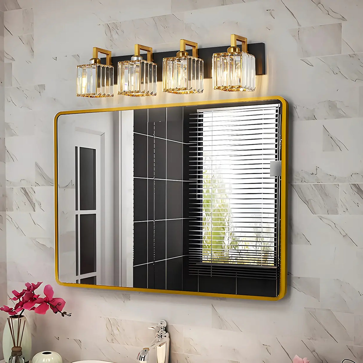 Modern Crystal Bathroom Vanity Light with Gold Finish Image - 1