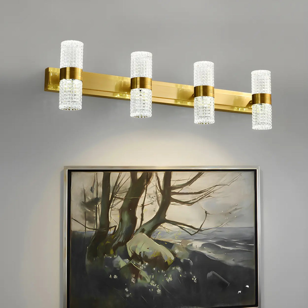 Modern Crystal Brass Wall Light, 4-Light Vanity Fixture Image - 1