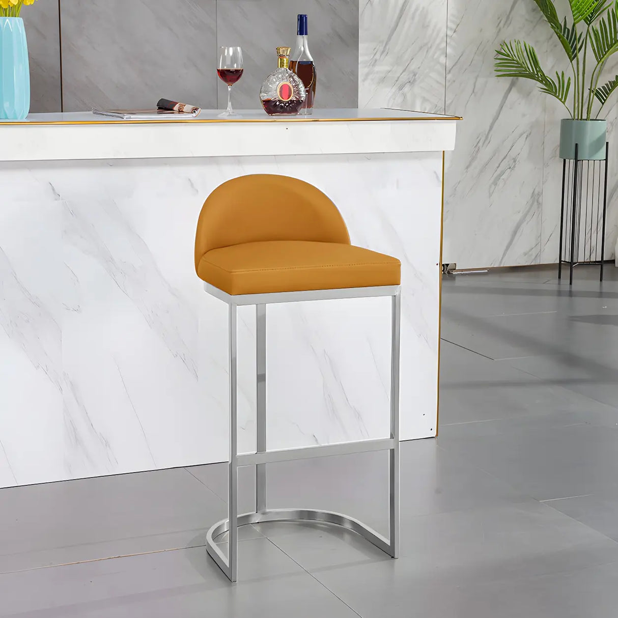 Modern Curved Back Leather Upholstered Bucket Counter Bar Stool Image - 12