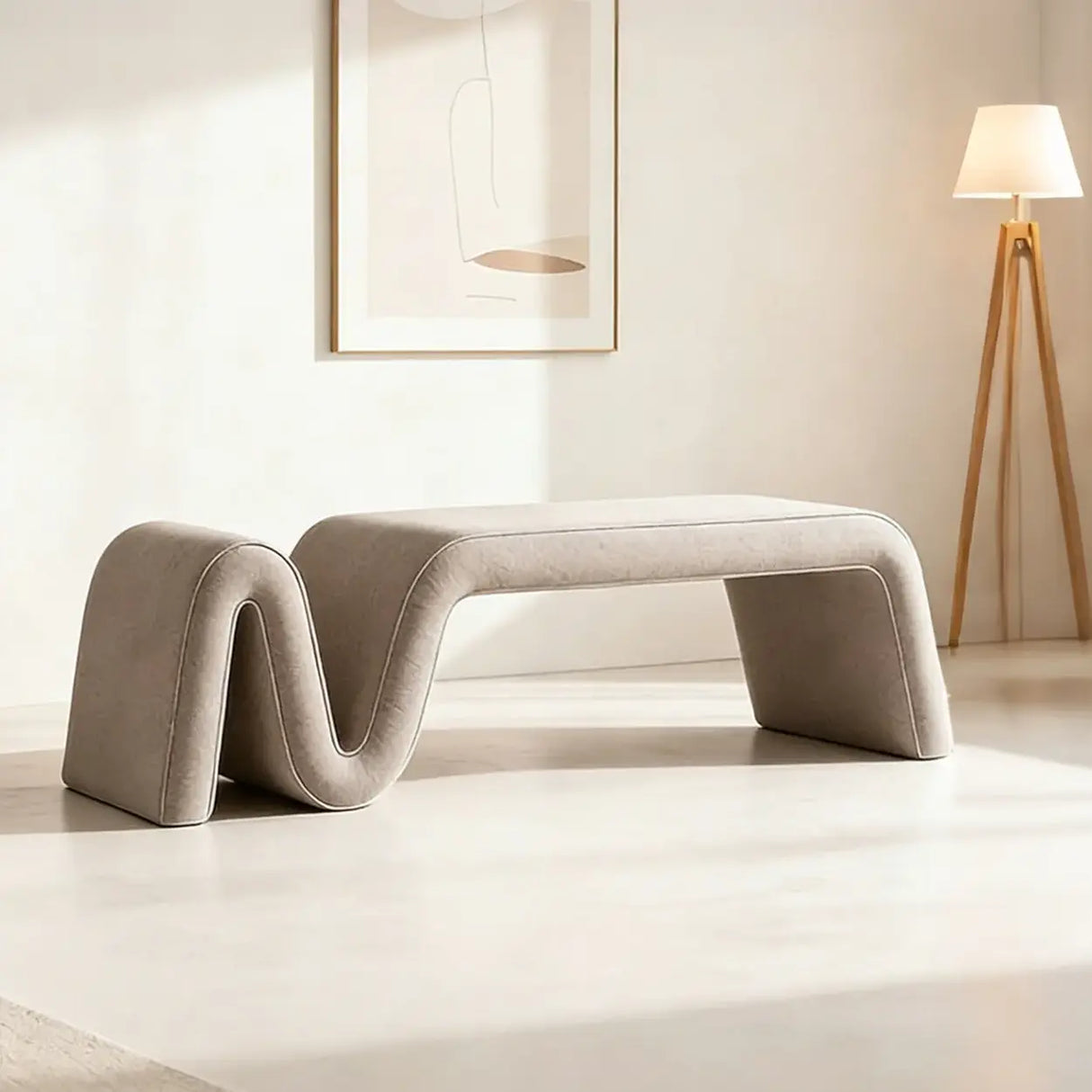 Modern Curved Chenille Solid Wood Frame Bedroom Bench Image - 11