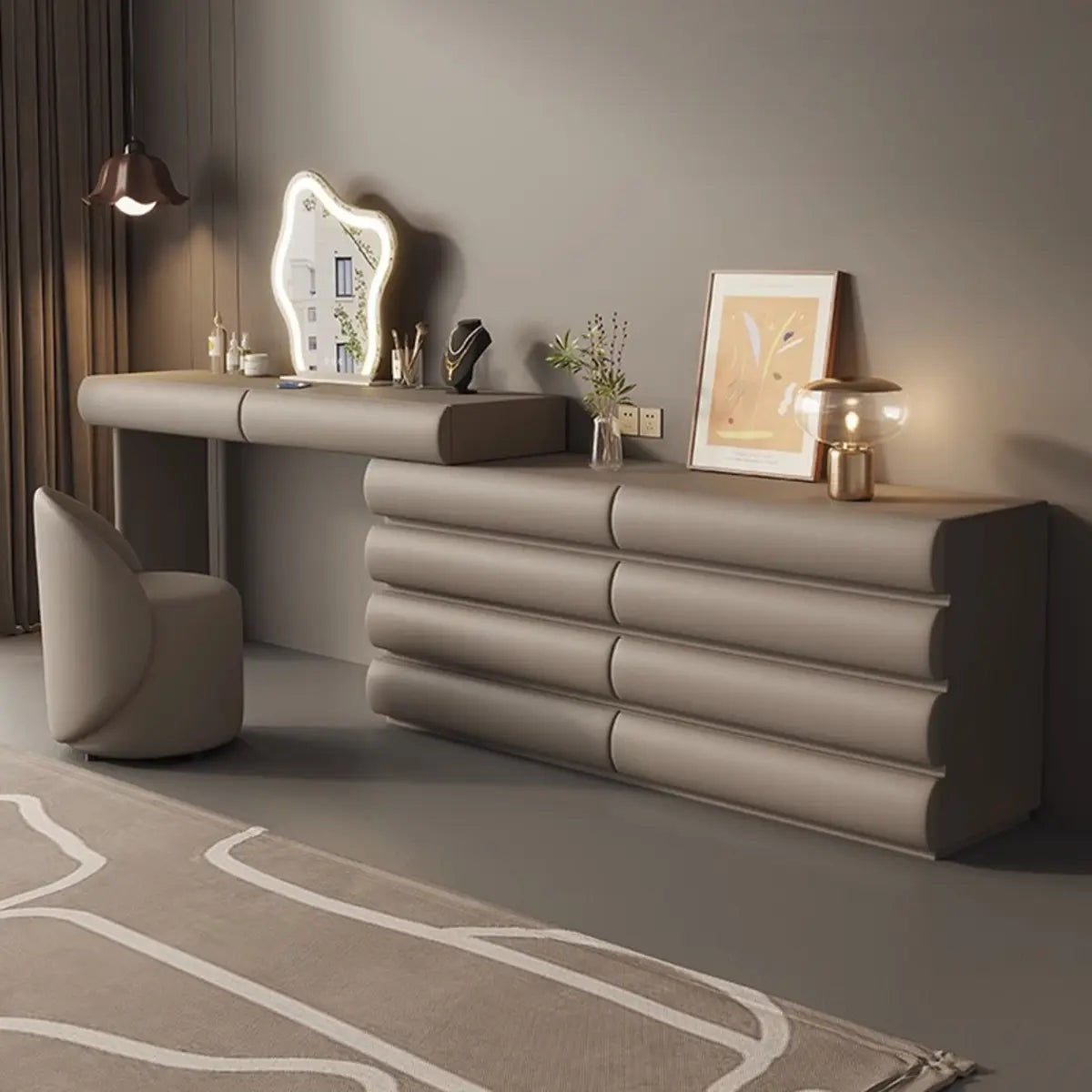 Modern Curved Fabric Khaki Sliding Makeup Vanity Image - 1