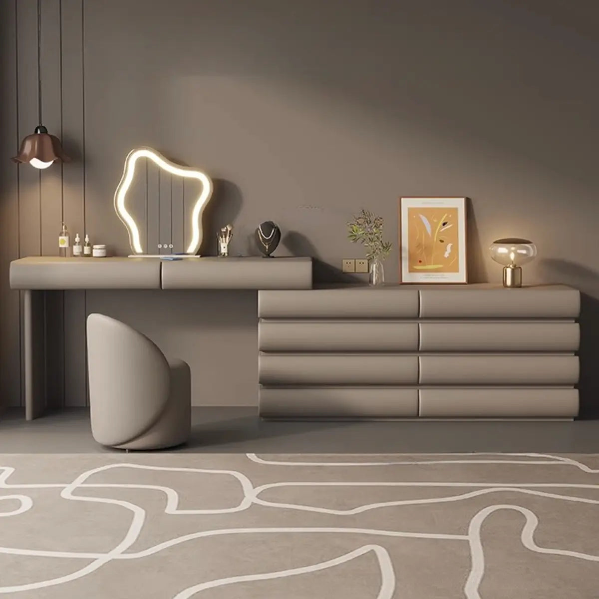 Modern Curved Fabric Khaki Sliding Makeup Vanity Image - 4