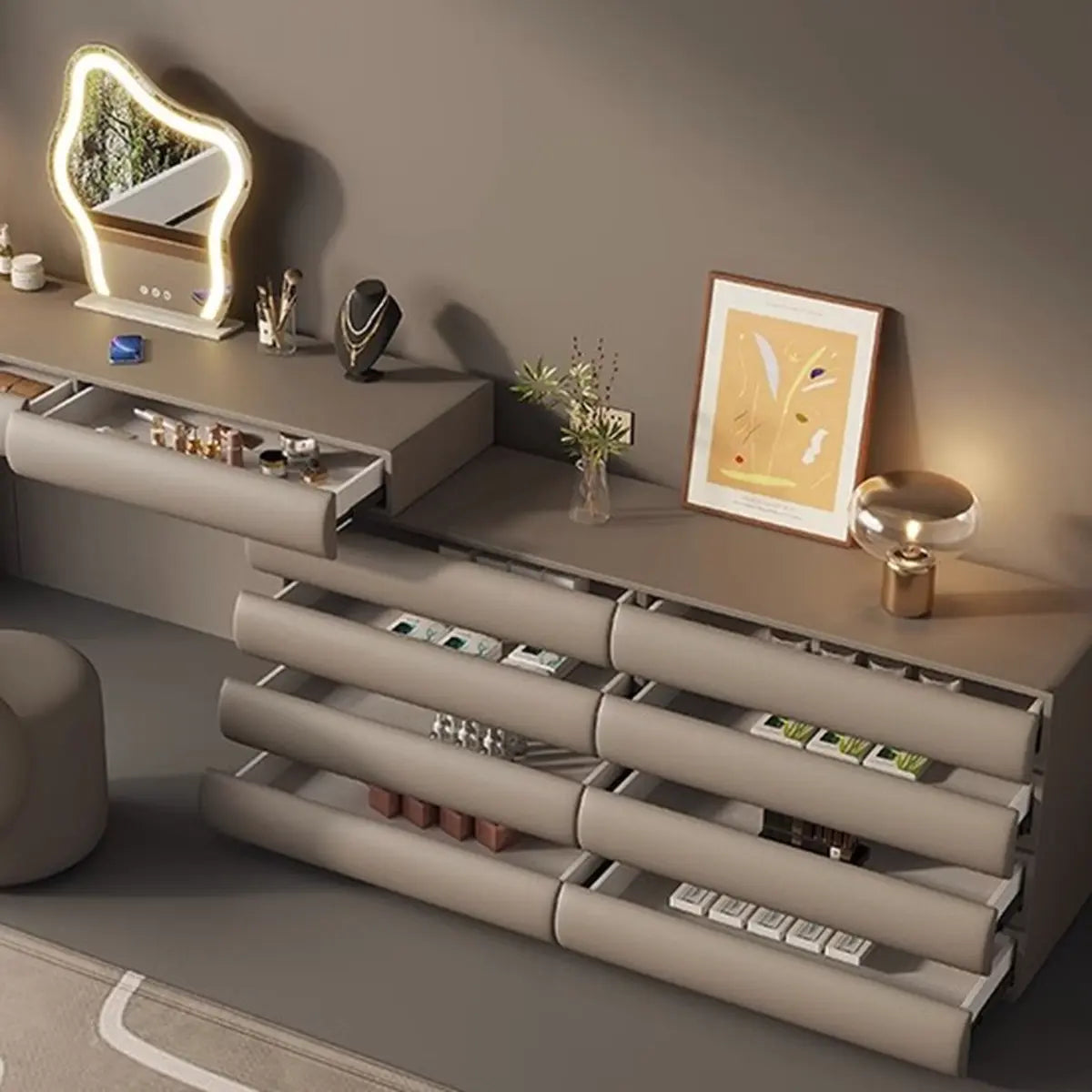 Modern Curved Fabric Khaki Sliding Makeup Vanity Image - 5