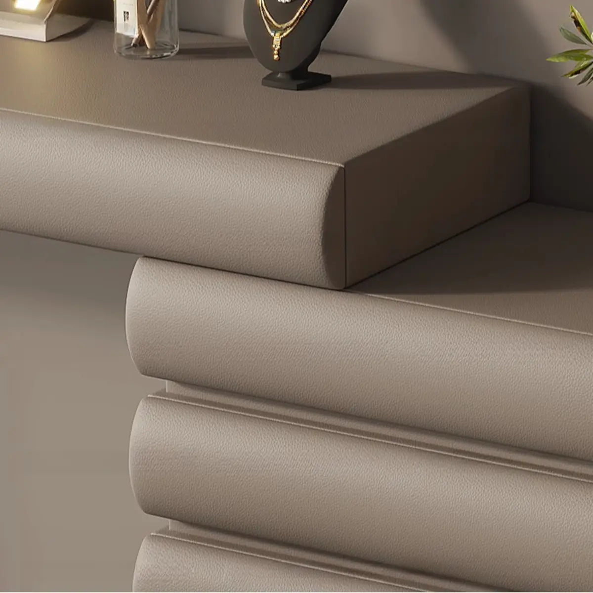 Modern Curved Fabric Khaki Sliding Makeup Vanity Image - 6