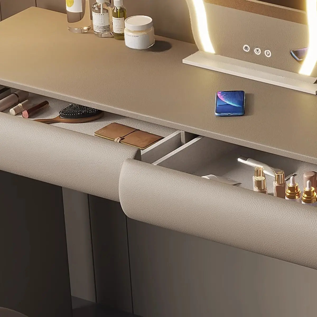 Modern Curved Fabric Khaki Sliding Makeup Vanity Image - 7