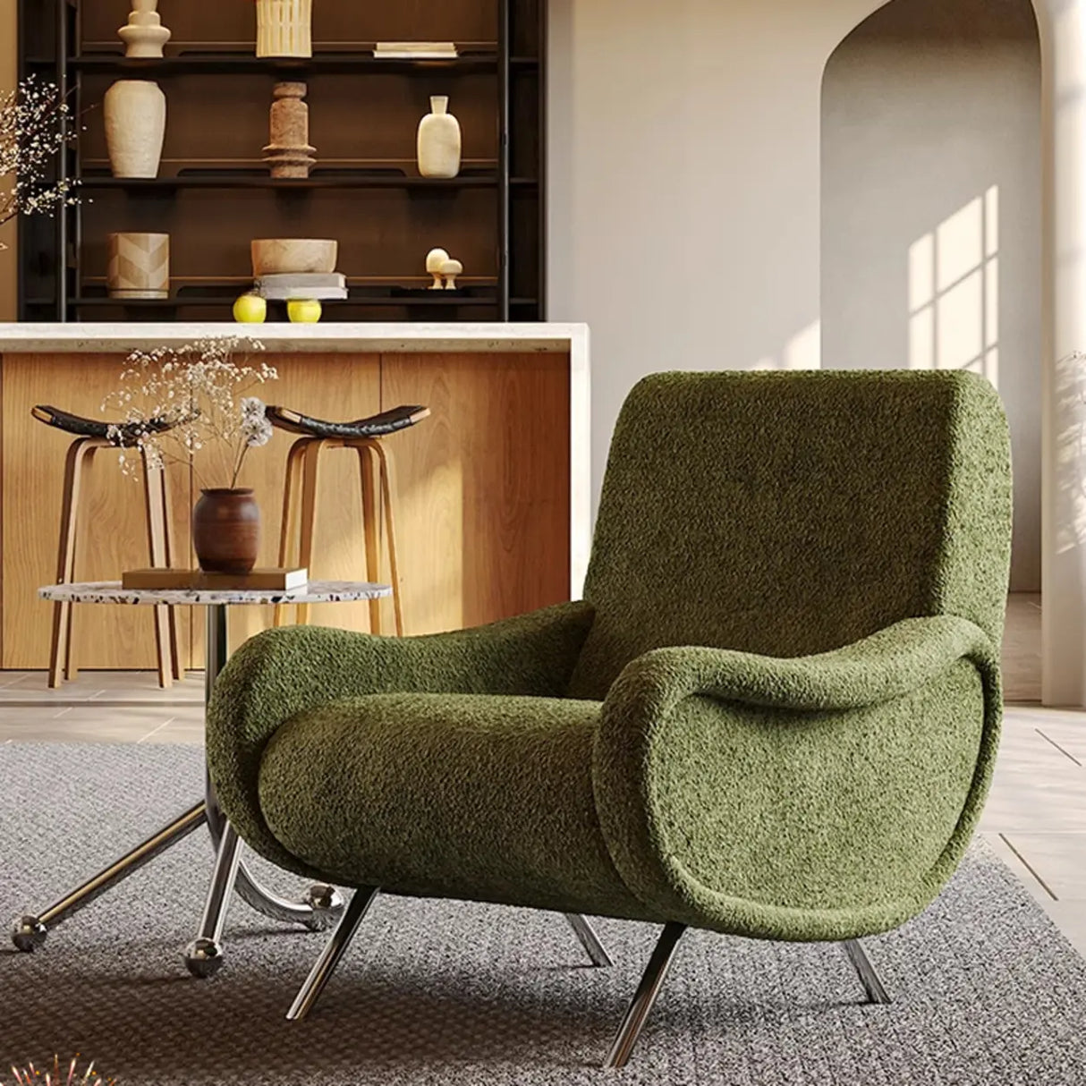 Modern Curved Olive Green Lounge Accent Chair With Arms Image - 1