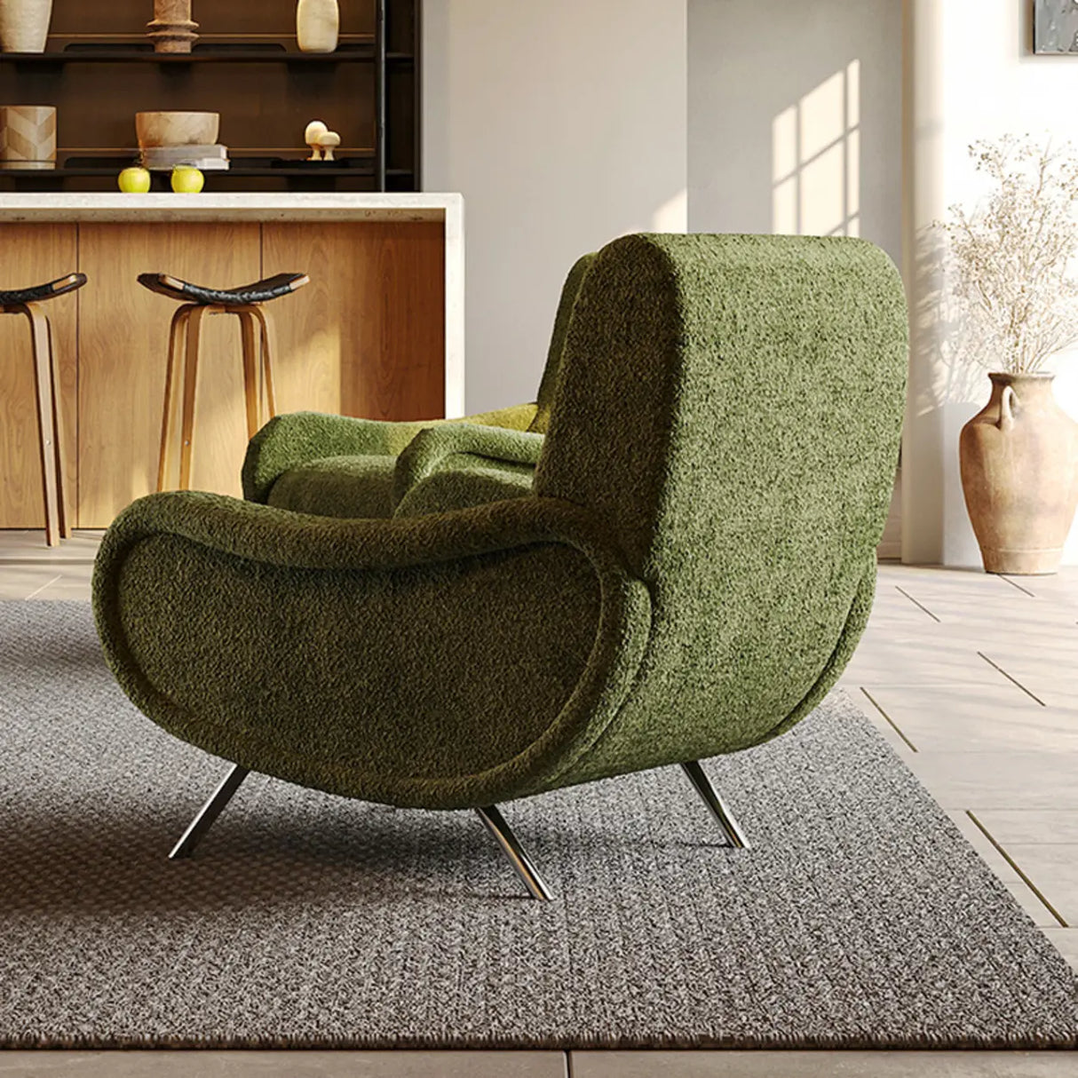 Modern Curved Olive Green Lounge Accent Chair With Arms Image - 10