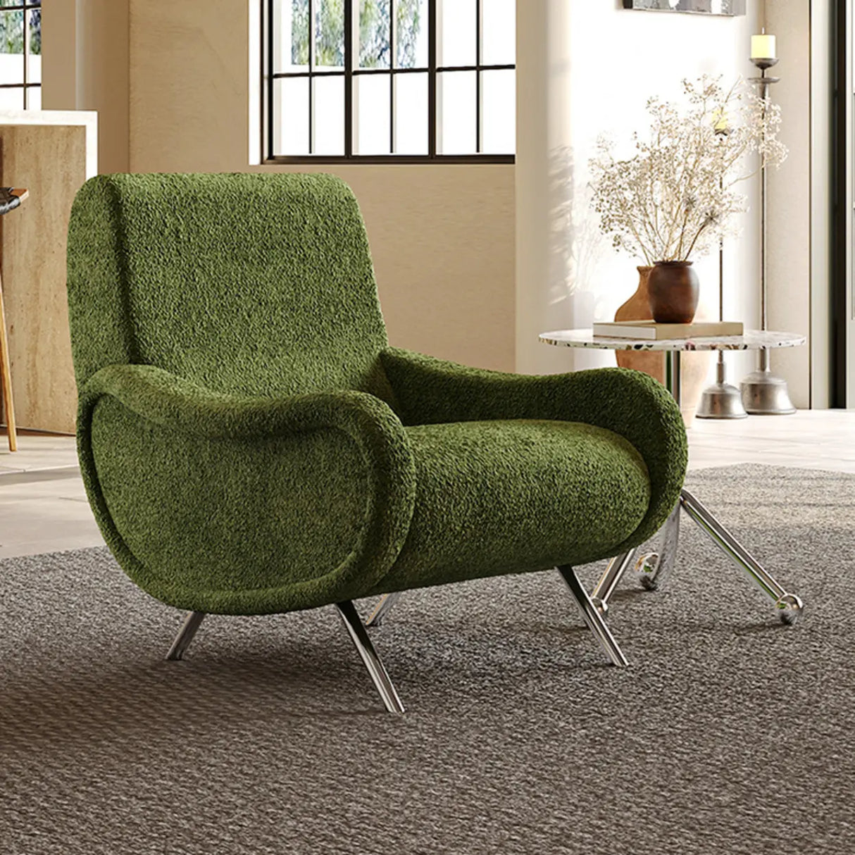 Modern Curved Olive Green Lounge Accent Chair With Arms Image - 4