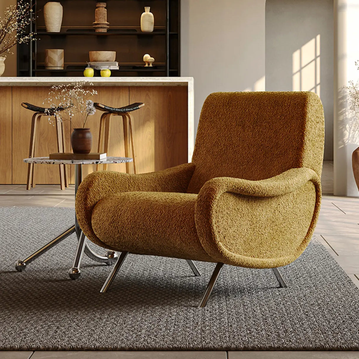 Modern Curved Olive Green Lounge Accent Chair With Arms Image - 6