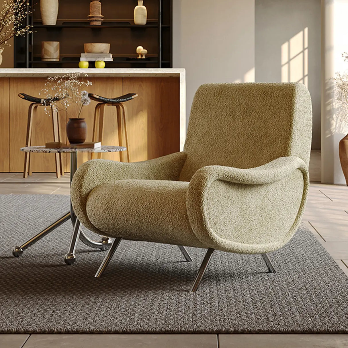 Modern Curved Olive Green Lounge Accent Chair With Arms Image - 8