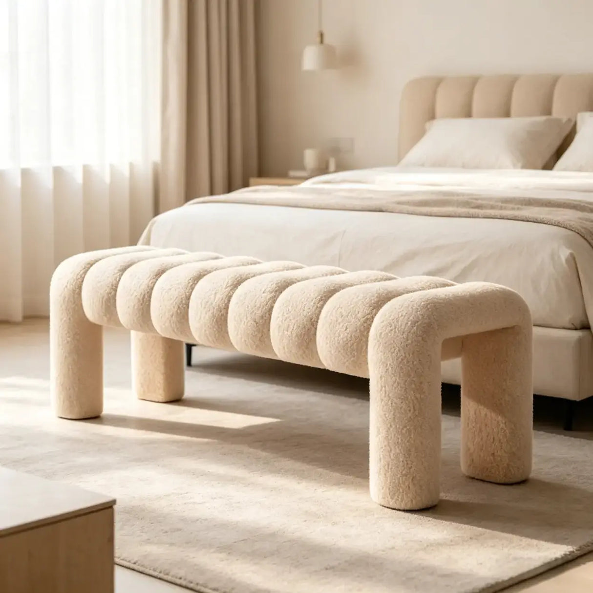 Modern Curved Solid Wood Bouclé Upholstered Bedroom Bench Image - 11