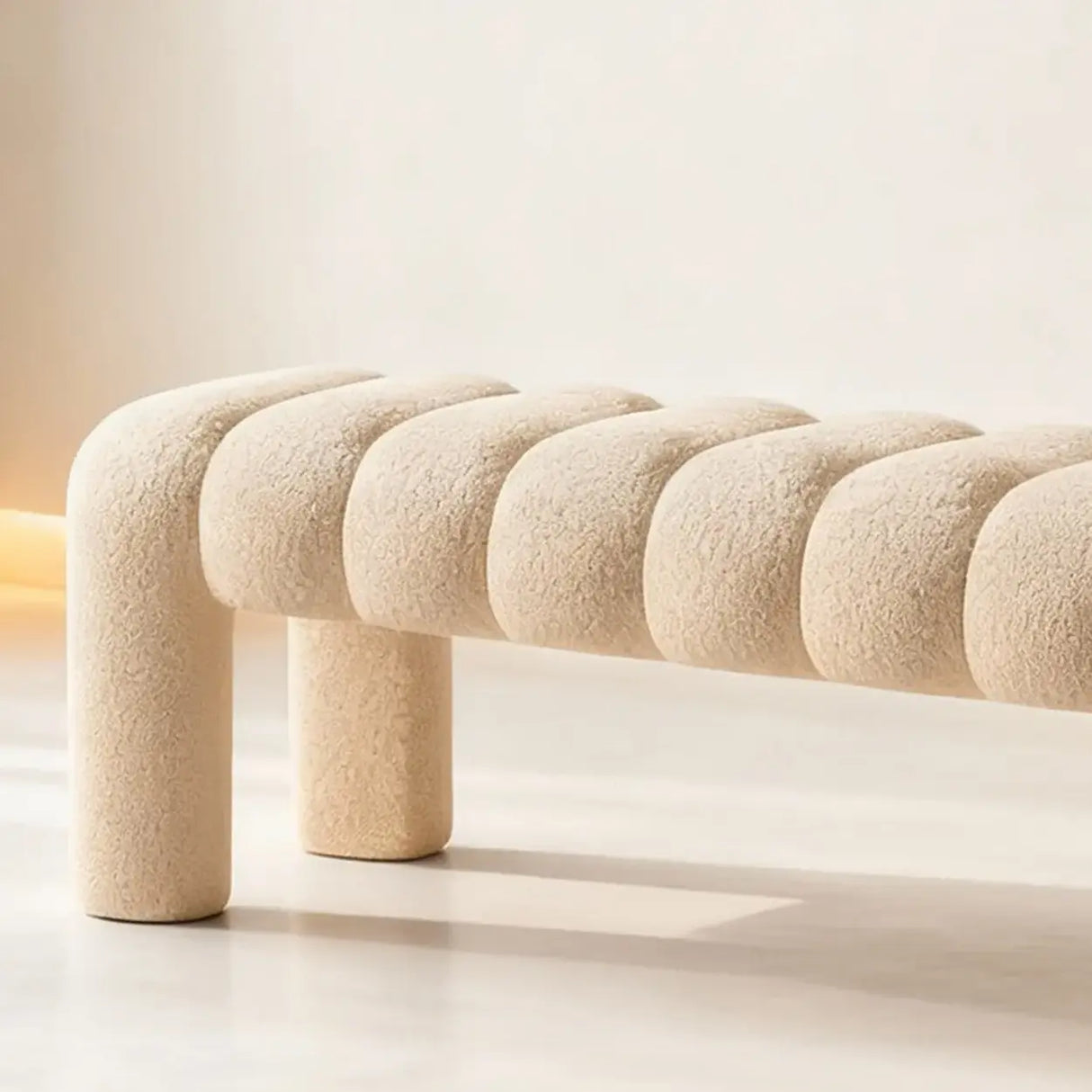 Modern Curved Solid Wood Bouclé Upholstered Bedroom Bench Image - 12